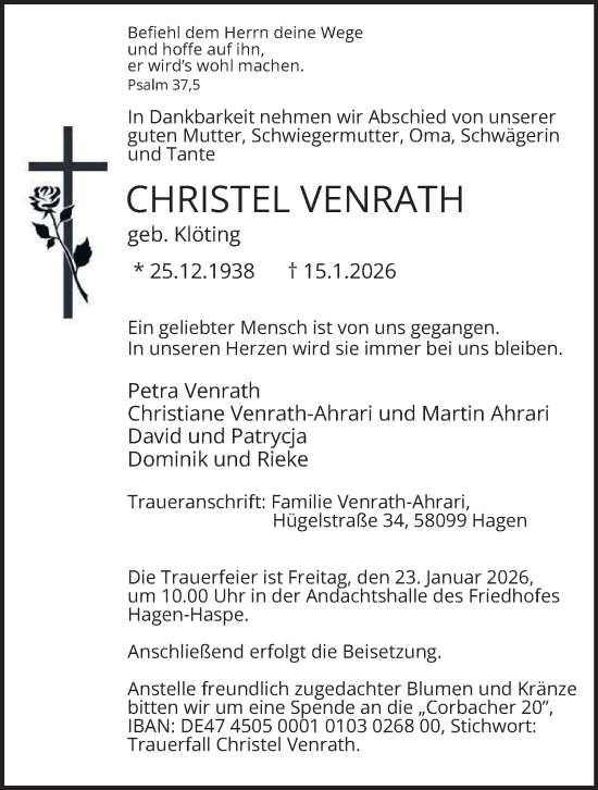 Traueranzeige von Christel Venrath von Tageszeitung