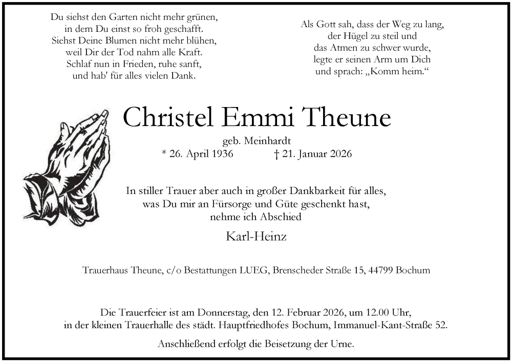  Traueranzeige für Christel Emmi Theune vom 31.01.2026 aus Tageszeitung