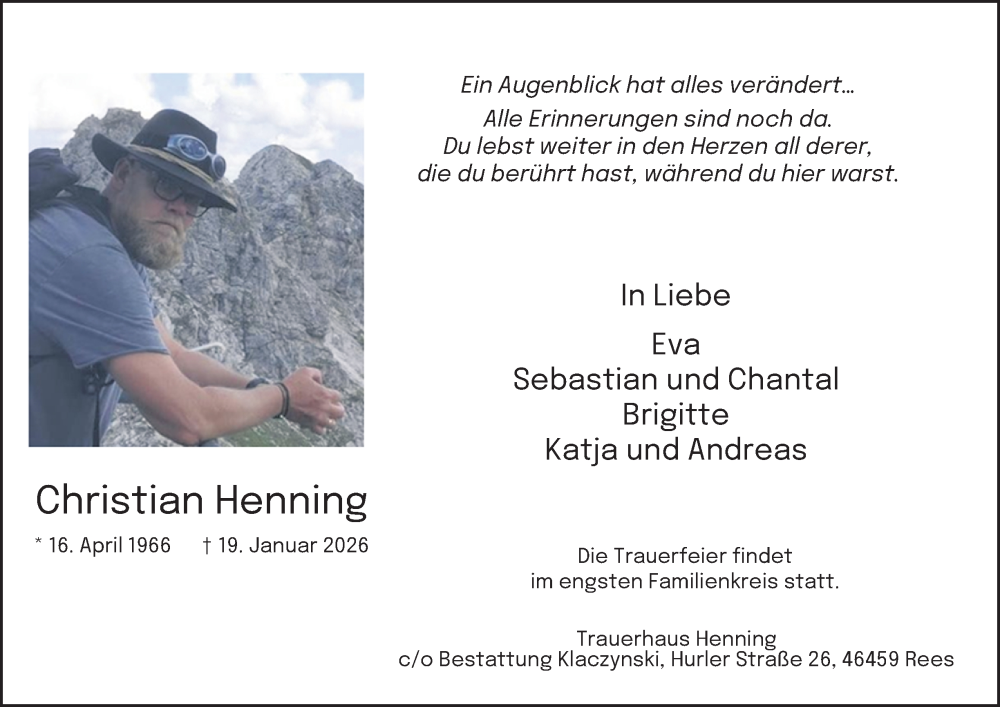  Traueranzeige für Christian Henning vom 31.01.2026 aus Tageszeitung