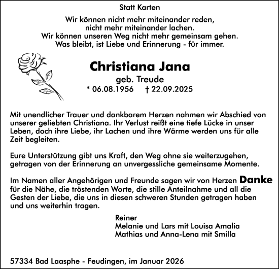 Traueranzeige von Christiana Jana von Tageszeitung