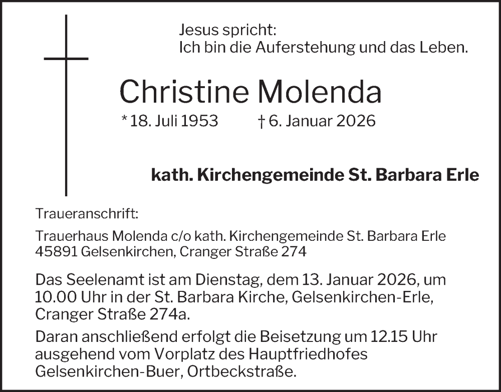  Traueranzeige für Christine Molenda vom 10.01.2026 aus Tageszeitung