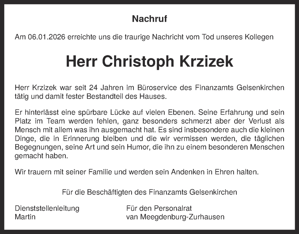  Traueranzeige für Christoph Krzizek vom 23.01.2026 aus Tageszeitung
