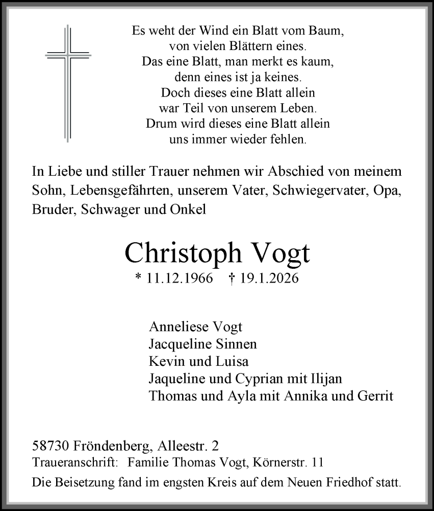  Traueranzeige für Christoph Vogt vom 31.01.2026 aus Tageszeitung