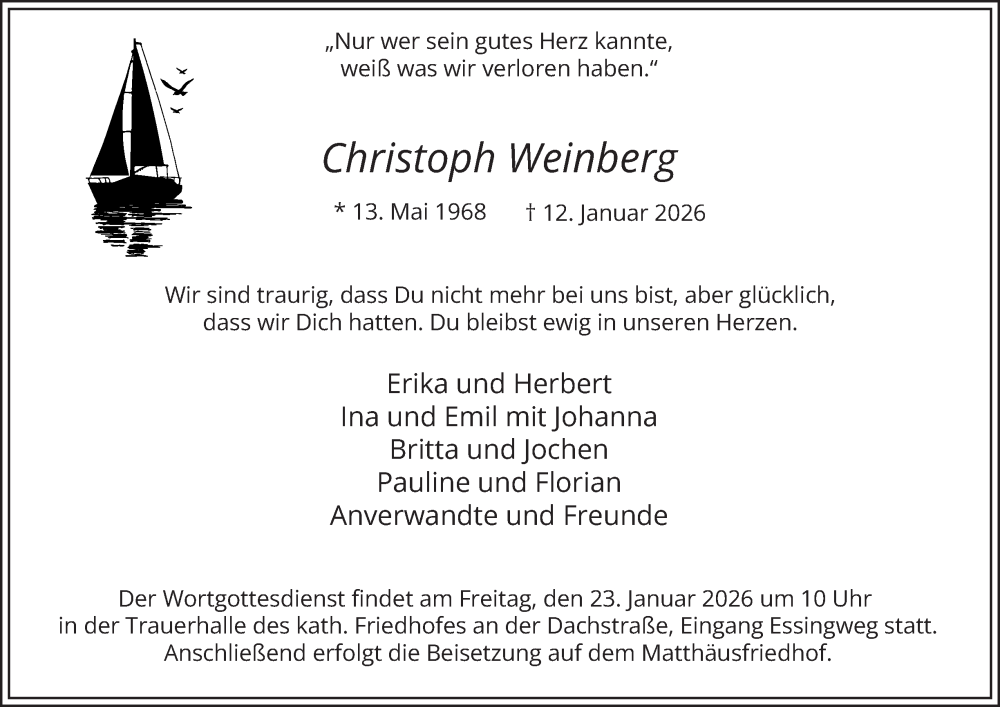  Traueranzeige für Christoph Weinberg vom 17.01.2026 aus Tageszeitung