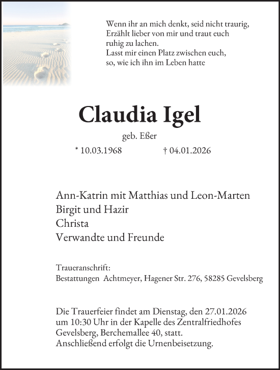 Traueranzeige von Claudia Igel von Tageszeitung