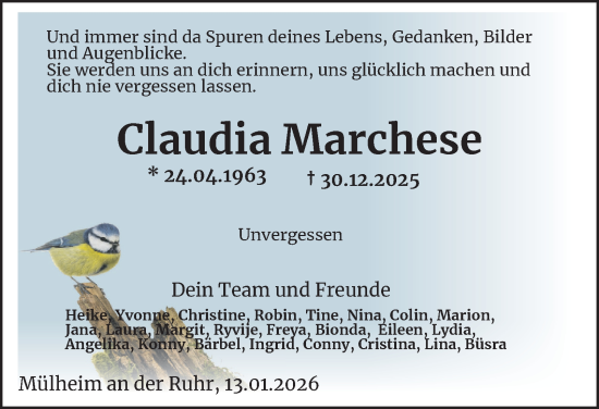 Traueranzeige von Claudia Marchese von Tageszeitung