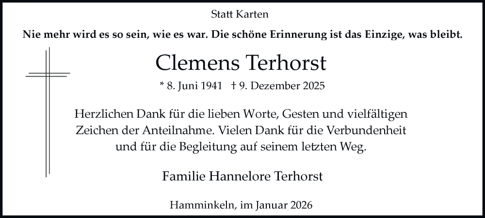  Traueranzeige für Clemens Terhorst vom 24.01.2026 aus Tageszeitung