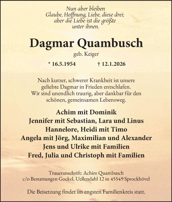 Traueranzeige von Dagmar Quambusch von Tageszeitung