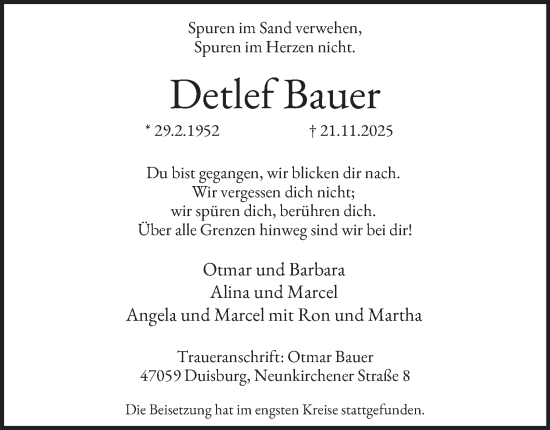 Traueranzeige von Detlef Bauer von Tageszeitung