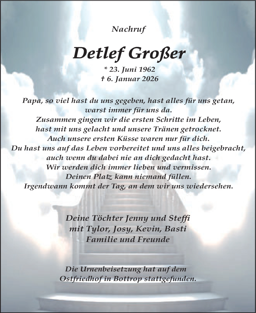  Traueranzeige für Detlef Großer vom 24.01.2026 aus Tageszeitung