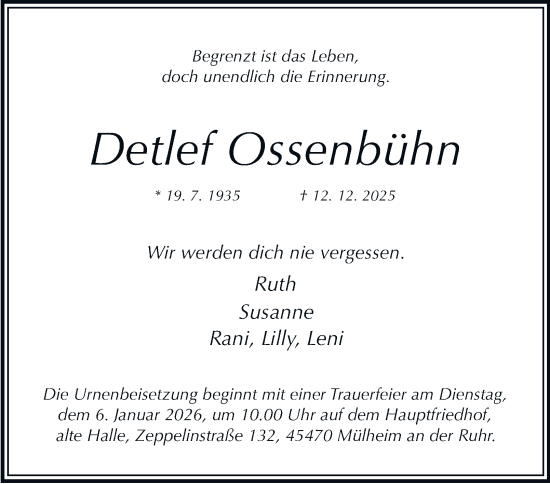 Traueranzeige von Detlef Ossenbühn von Tageszeitung