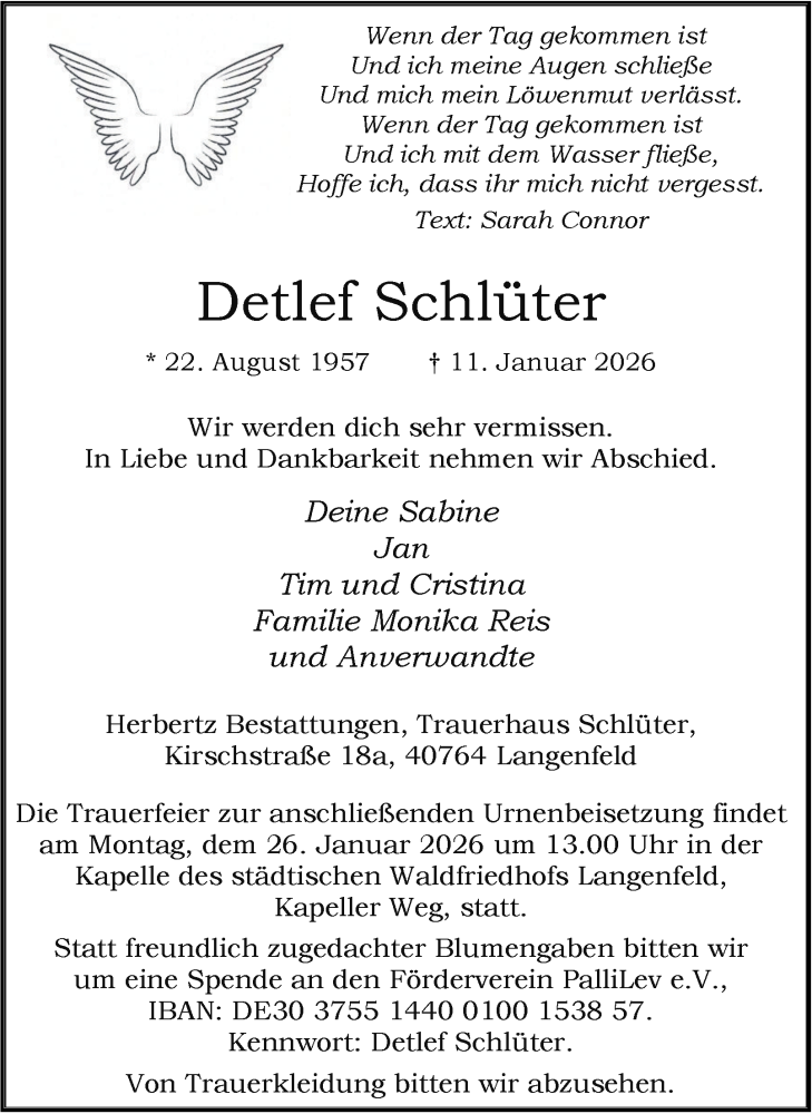  Traueranzeige für Detlef Schlüter vom 17.01.2026 aus Tageszeitung