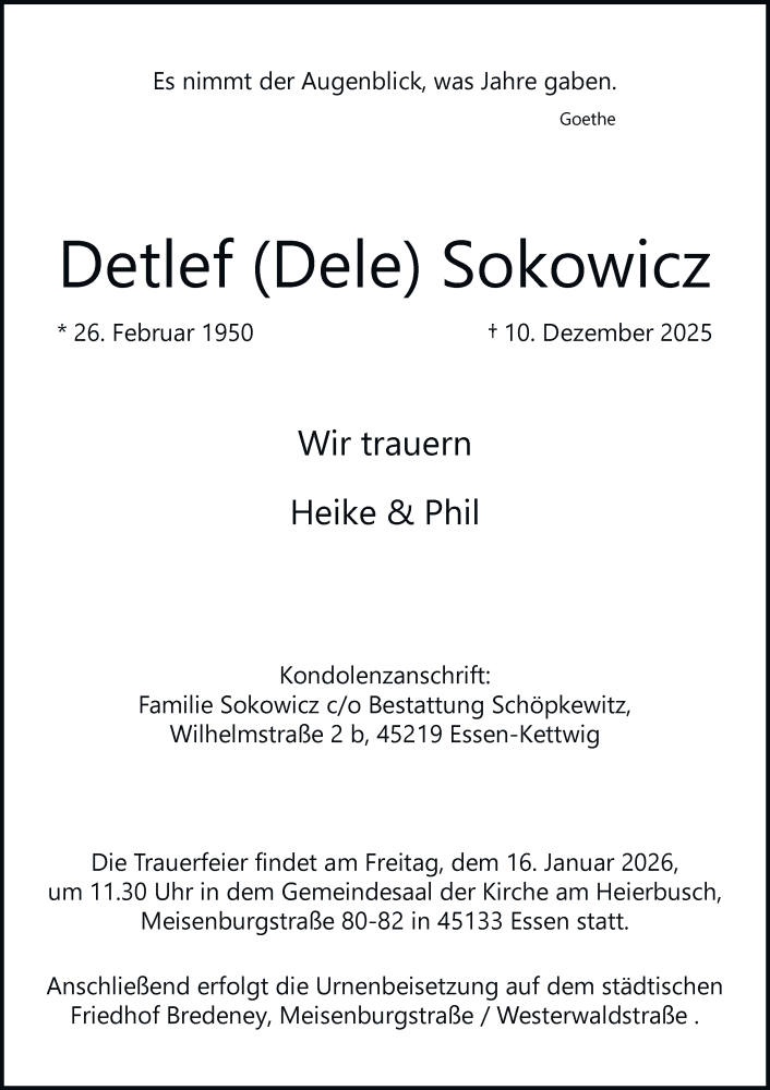  Traueranzeige für Detlef Sokowicz vom 10.01.2026 aus Tageszeitung