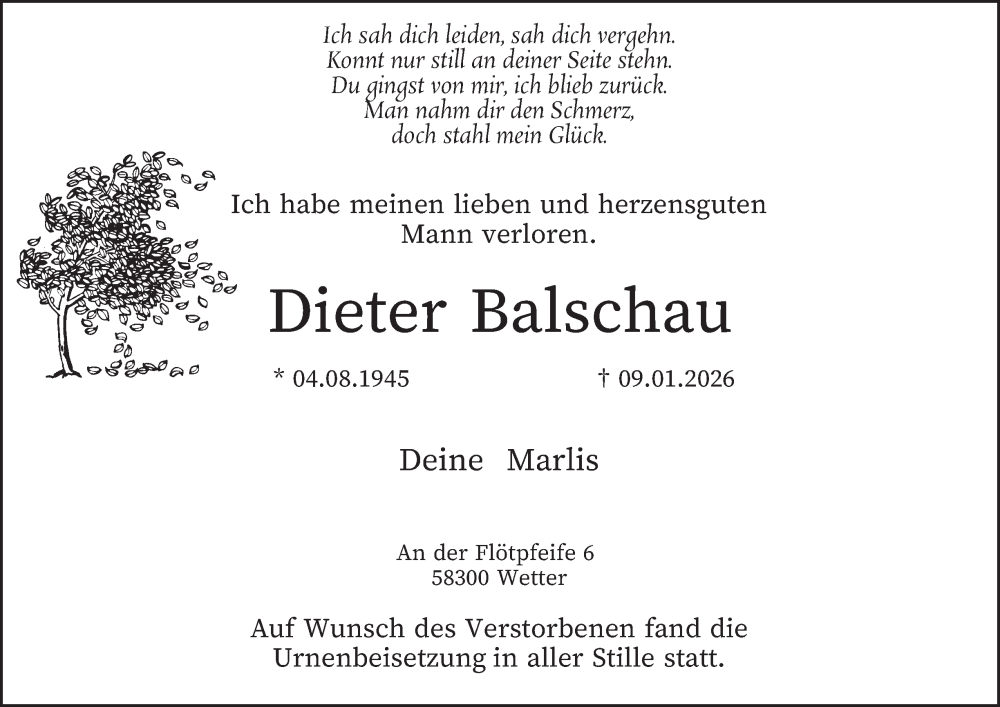  Traueranzeige für Dieter Balschau vom 31.01.2026 aus Tageszeitung