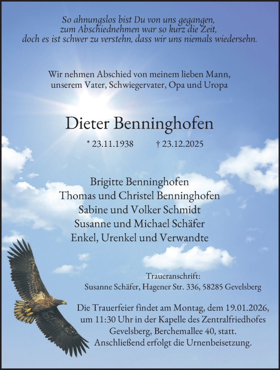 Traueranzeige von Dieter Benninghofen von Tageszeitung