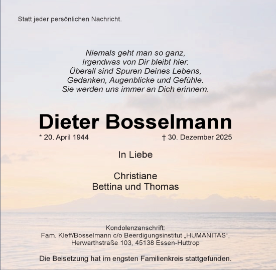 Traueranzeige von Dieter Bosselmann von Tageszeitung