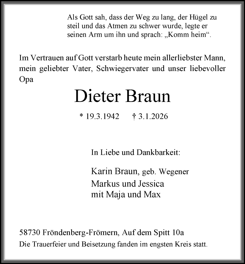  Traueranzeige für Dieter Braun vom 17.01.2026 aus Tageszeitung