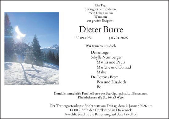 Traueranzeige von Dieter Burre von Tageszeitung