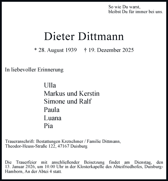 Traueranzeige von Dieter Dittmann von Tageszeitung