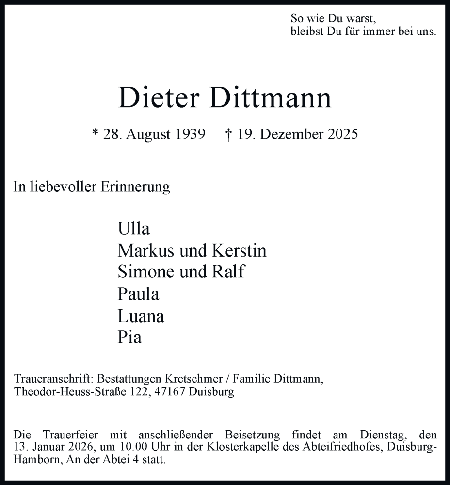  Traueranzeige für Dieter Dittmann vom 10.01.2026 aus Tageszeitung