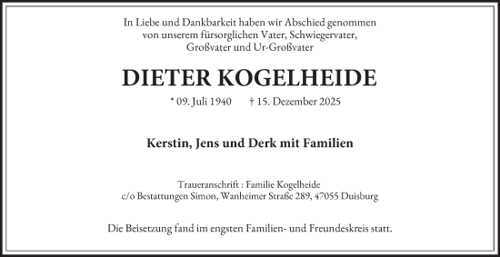 Traueranzeige von Dieter Kogelheide von Tageszeitung
