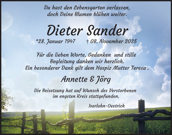 Traueranzeige von Dieter Sander von Tageszeitung