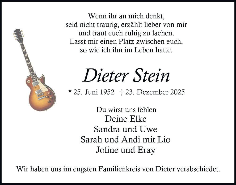 Traueranzeige für Dieter Stein vom 24.01.2026 aus Tageszeitung