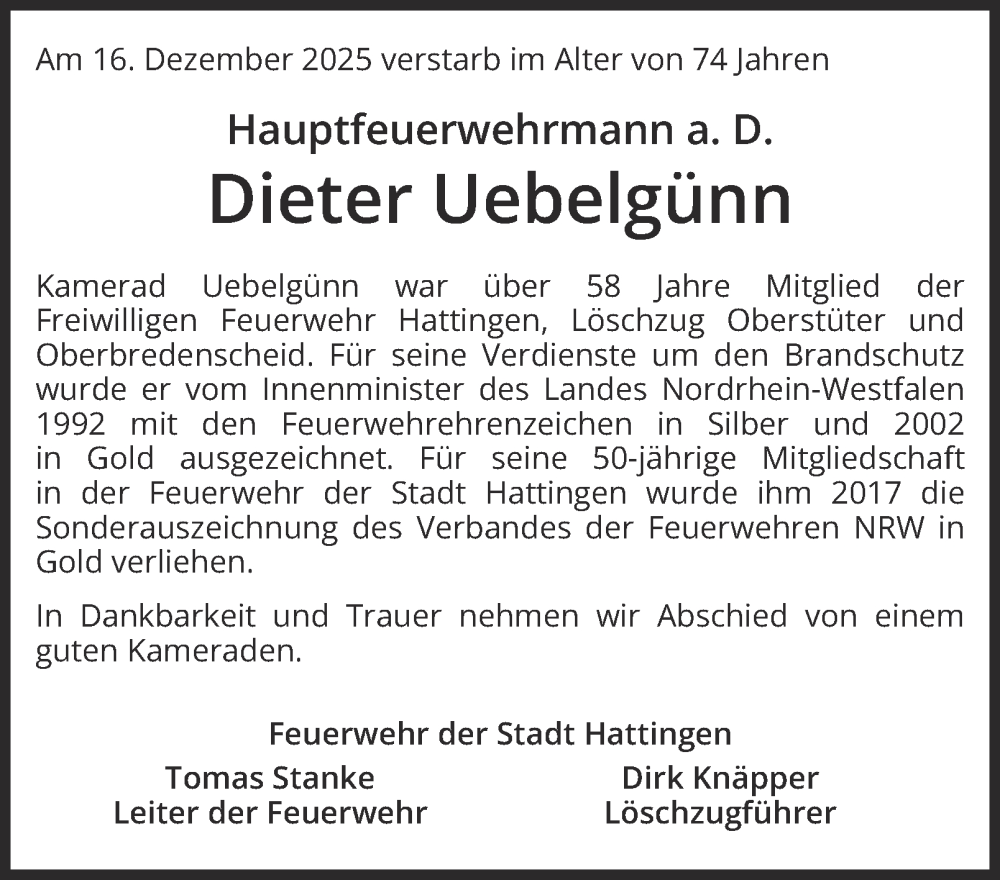 Traueranzeige für Dieter Uebelgünn vom 03.01.2026 aus Tageszeitung