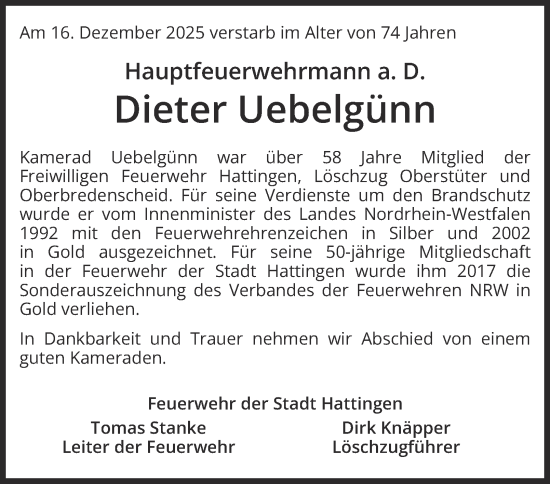 Traueranzeige von Dieter Uebelgünn von Tageszeitung