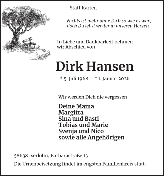 Traueranzeige von Dirk Hansen von Tageszeitung