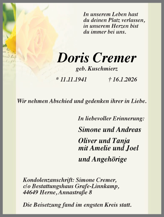 Traueranzeige von Doris Cremer von Tageszeitung