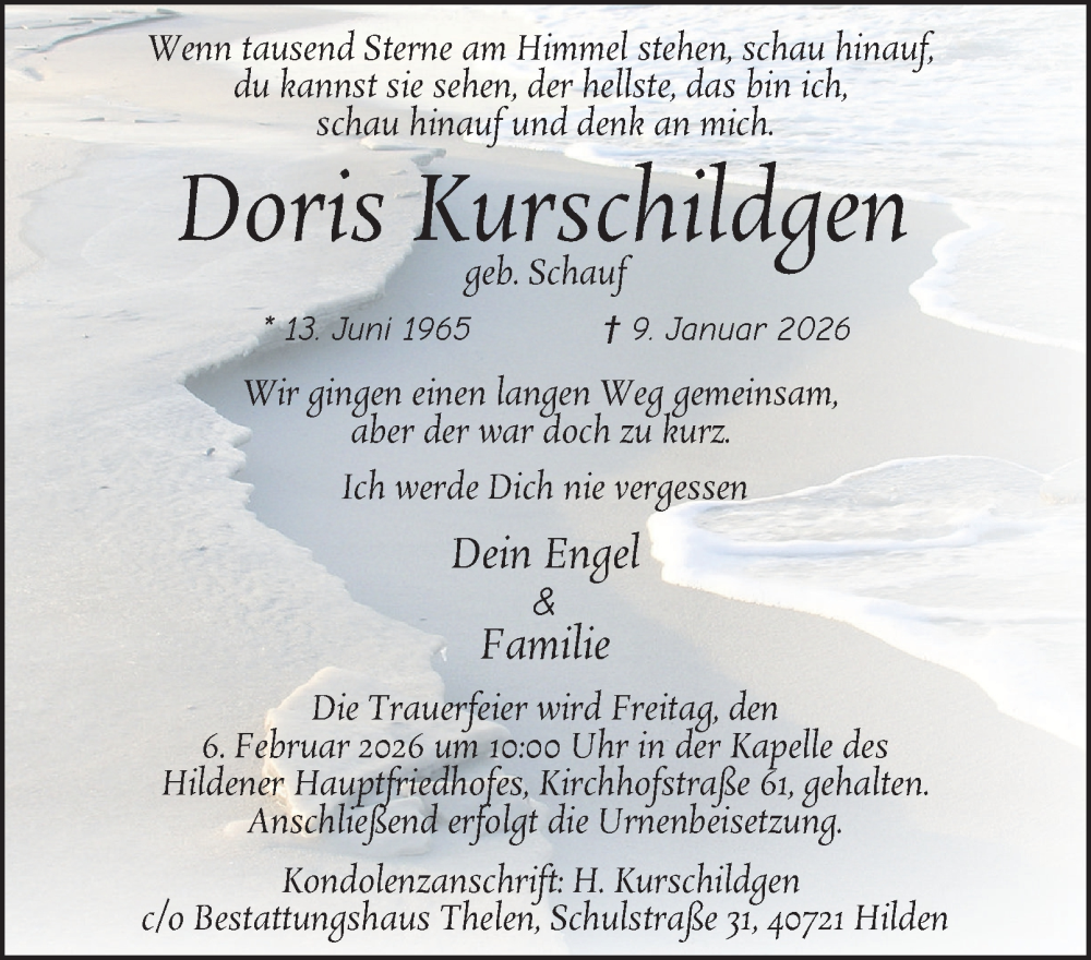  Traueranzeige für Doris Kurschildgen vom 31.01.2026 aus Tageszeitung