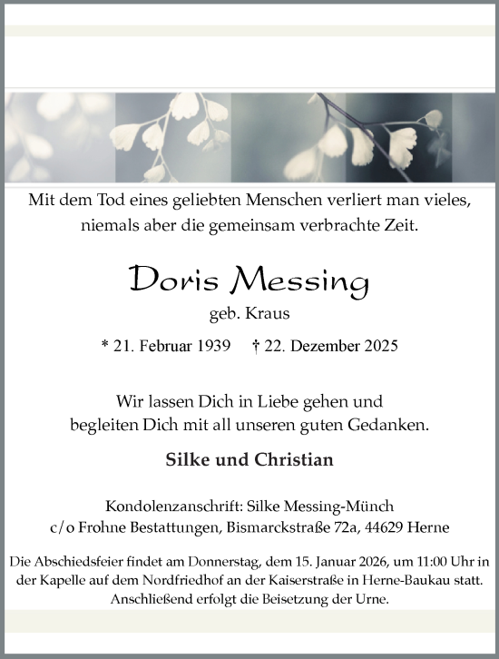 Traueranzeige von Doris Messing von Tageszeitung