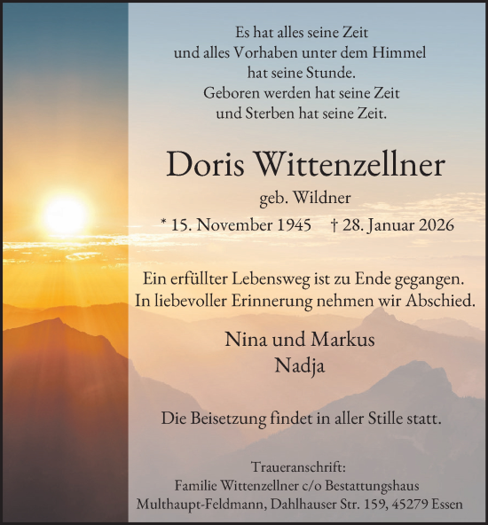 Traueranzeige von Doris Wittenzellner von Tageszeitung