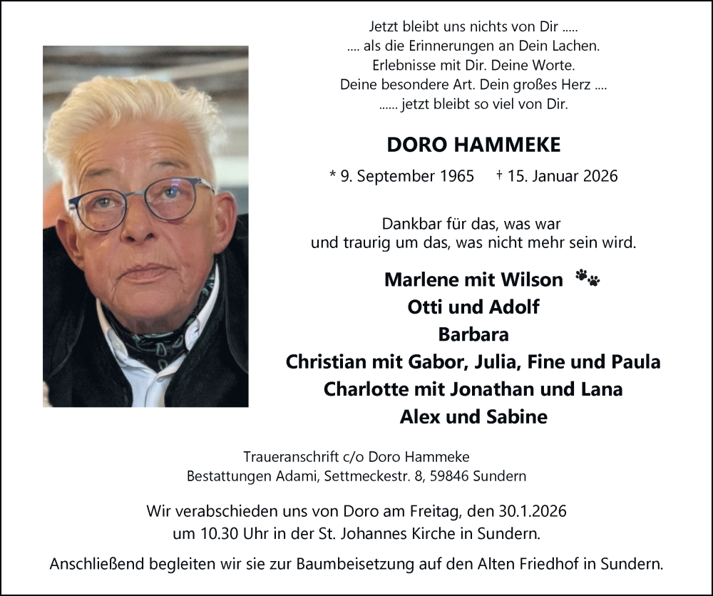  Traueranzeige für Doro Hammeke vom 22.01.2026 aus Tageszeitung