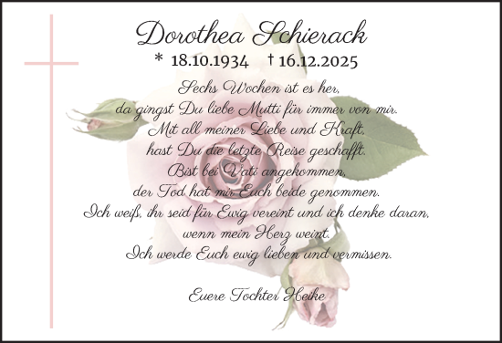 Traueranzeige von Dorothea Schierack von Tageszeitung