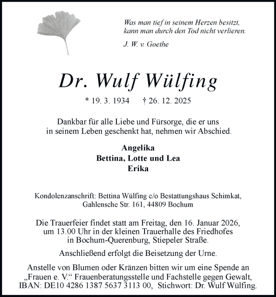 Traueranzeige von Dr. Wulf Wülfing von Tageszeitung
