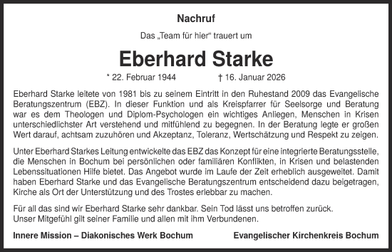 Traueranzeige von Eberhard Starke von Tageszeitung