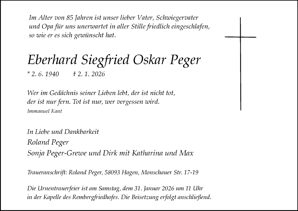  Traueranzeige für Eberhard Siegfried Oskar Peger vom 24.01.2026 aus Tageszeitung