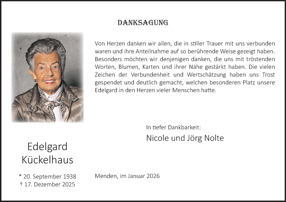  Traueranzeige für Edelgard Kückelhaus vom 24.01.2026 aus Tageszeitung