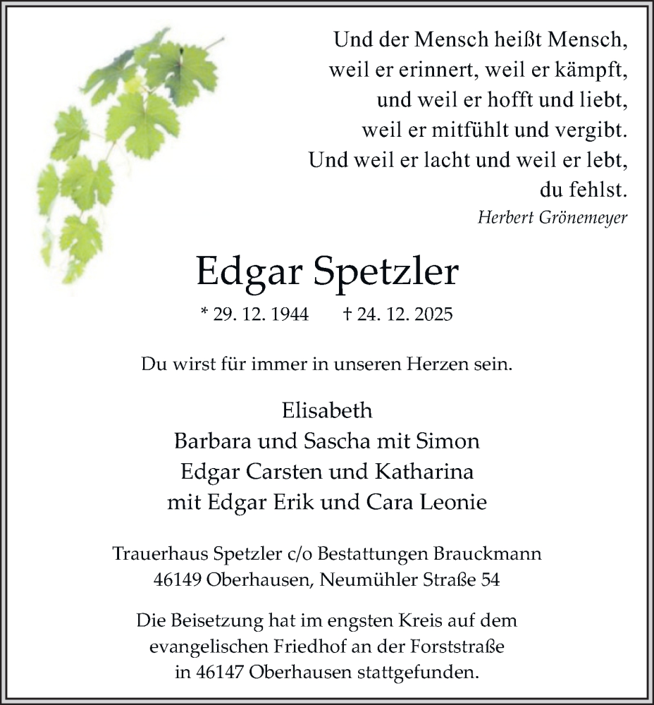  Traueranzeige für Edgar Spetzler vom 17.01.2026 aus Tageszeitung