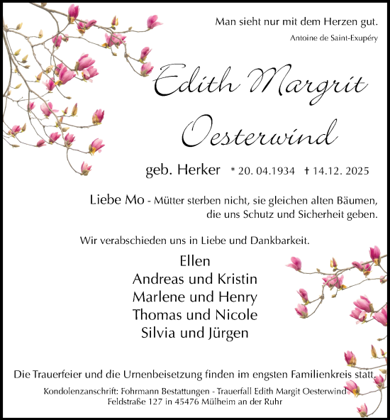 Traueranzeige von Edith Margrit Oesterwind von Tageszeitung