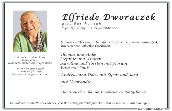 Traueranzeige von Elfriede Dworaczek von Tageszeitung