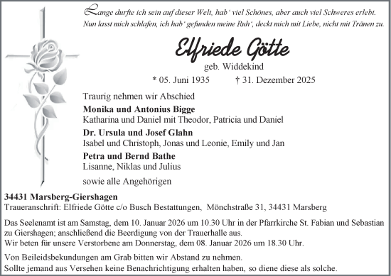 Traueranzeige von Elfriede Götte von Tageszeitung