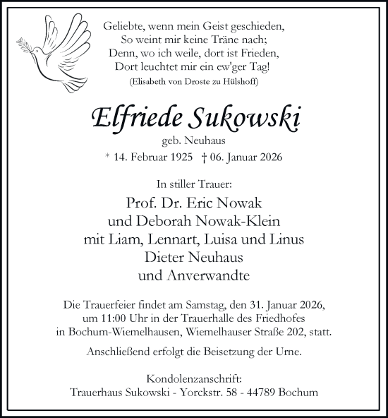 Traueranzeige von Elfriede Sukowski von Tageszeitung