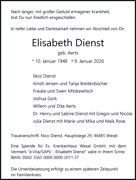 Traueranzeige von Elisabeth Dienst von Tageszeitung