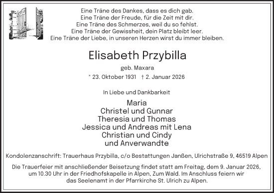 Traueranzeige von Elisabeth Przybilla von Tageszeitung