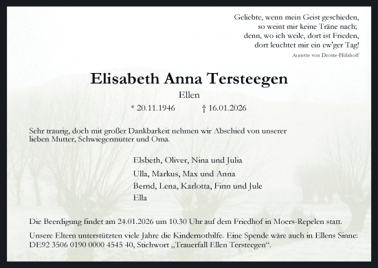 Traueranzeige von Elisabeth Anna Tersteegen von Tageszeitung