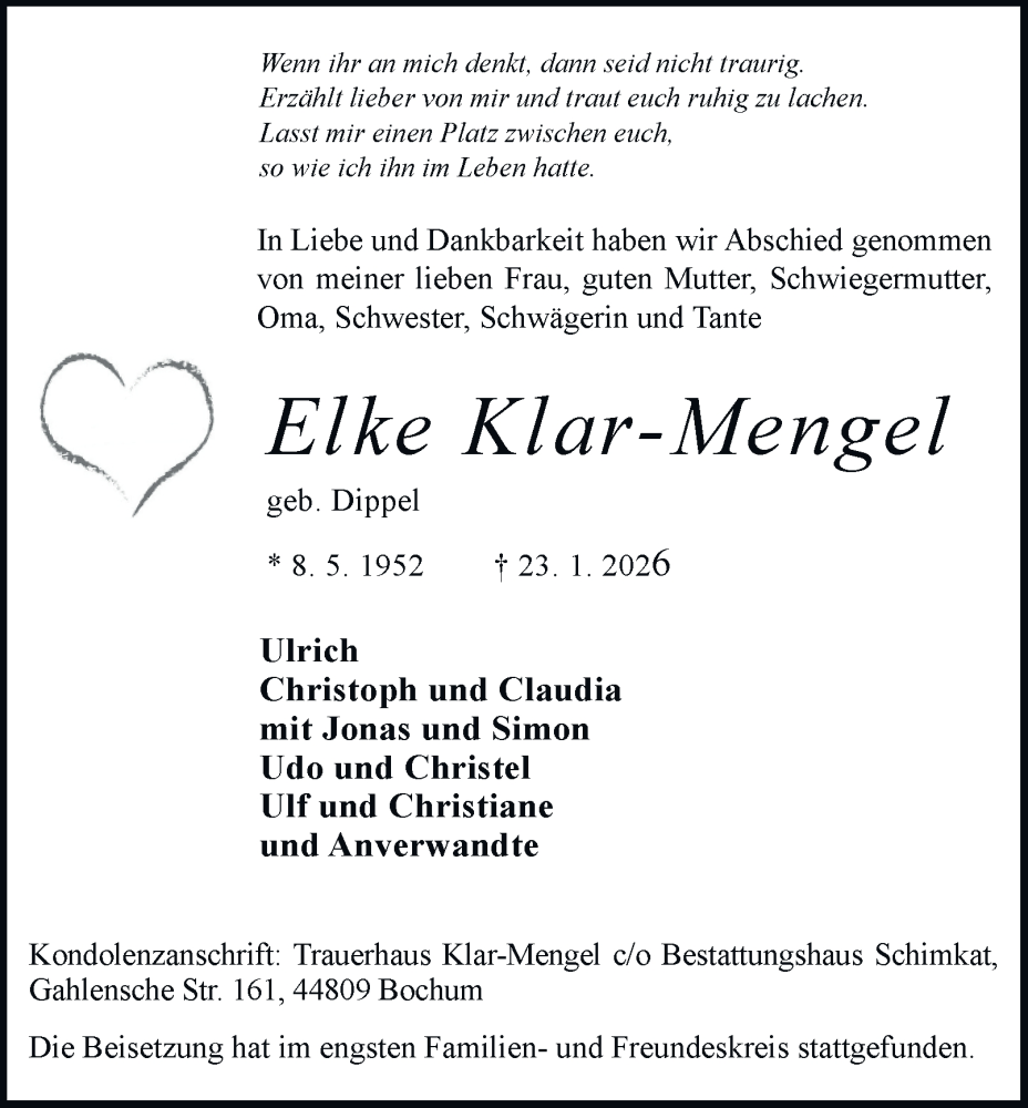  Traueranzeige für Elke Klar-Mengel vom 31.01.2026 aus Tageszeitung