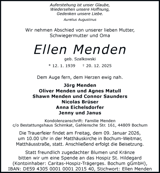 Traueranzeige von Ellen Menden von Tageszeitung